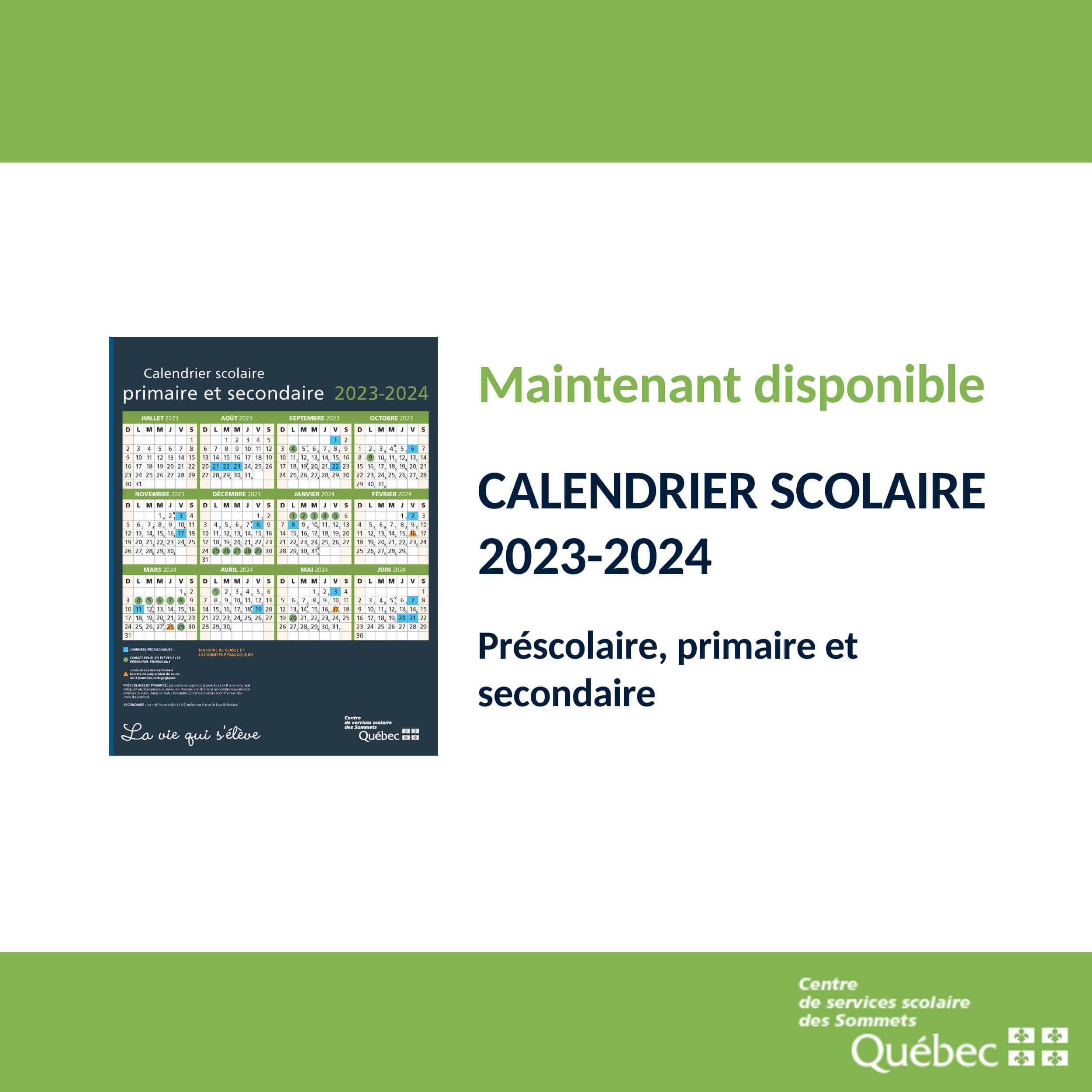 Calendrier scolaire 2023-2024 - Centre de services scolaire des